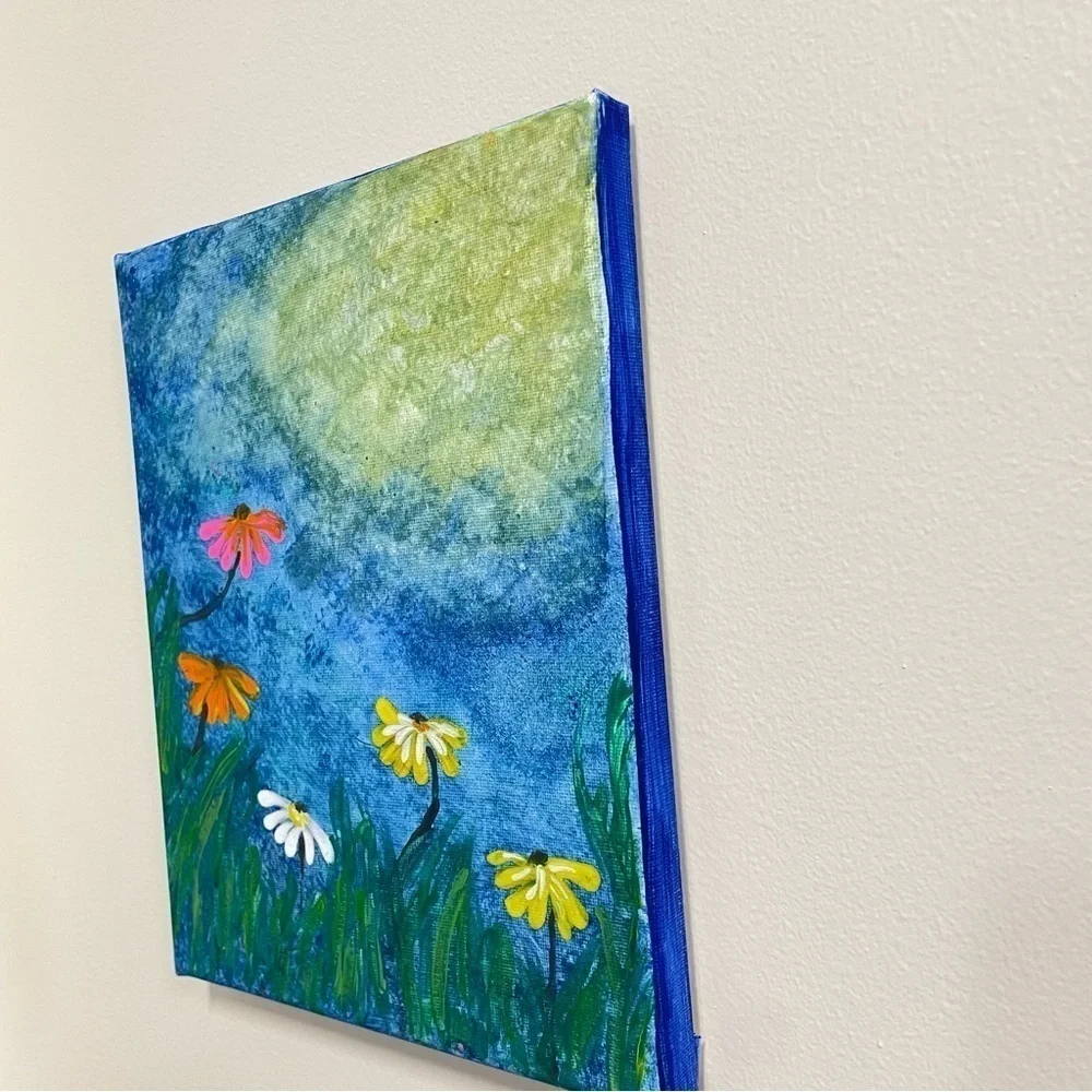 Handmade acrylic painting of sunshine and flowers daisies